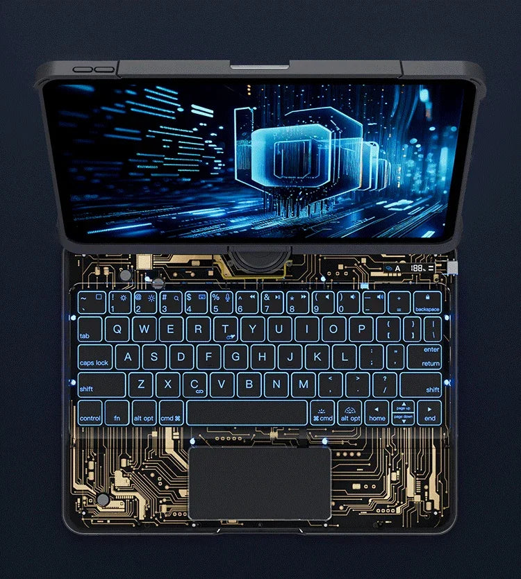 Futuristic transparent keyboard with circuit design and glowing blue backlight, laptop setup
