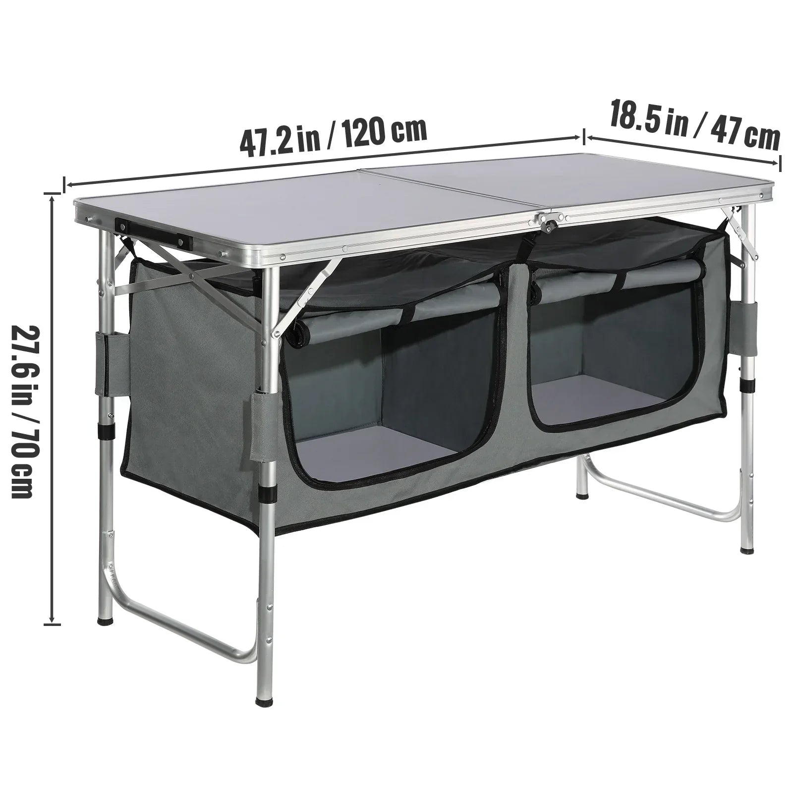 Foldable gray camping table with aluminum frame and fabric storage shelves, 120x47x70 cm.