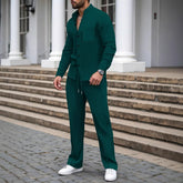 Man wearing green textured long sleeve shirt and matching drawstring pants, relaxed fit