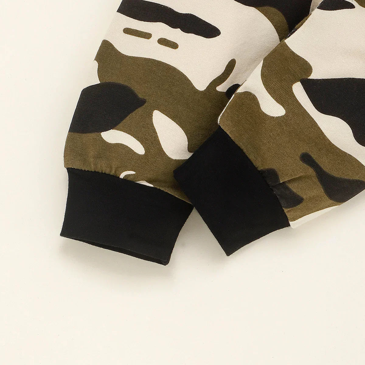 Close-up of camo print long sleeve cuffs with ribbed black knit trim, relaxed fit.
