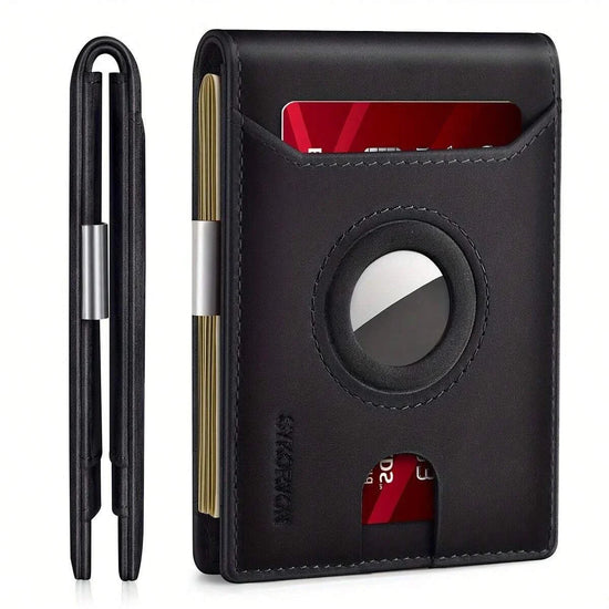 Slim black leather wallet with card slots and circular cutout, minimalist modern design