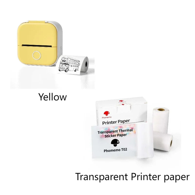 Yellow portable thermal printer with sample printout and rolls of transparent printer paper.