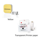 Yellow portable thermal printer with sample printout and rolls of transparent printer paper.