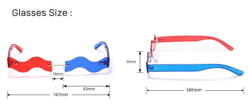 Red and blue wavy frame sunglasses with measurements, acrylic material, slim fit, futuristic style