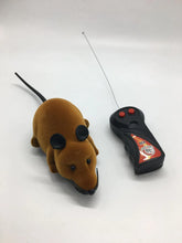 Brown plush remote control mouse toy with black ears and wireless controller on white background