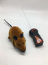 Brown plush remote control mouse toy with black ears and wireless controller on white background