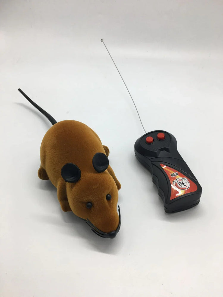 Brown plush remote control mouse toy with black ears and wireless controller on white background