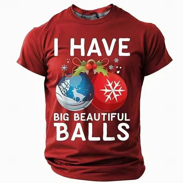 Red short-sleeve T-shirt with humorous Christmas ornament graphic and bold white text, relaxed fit.