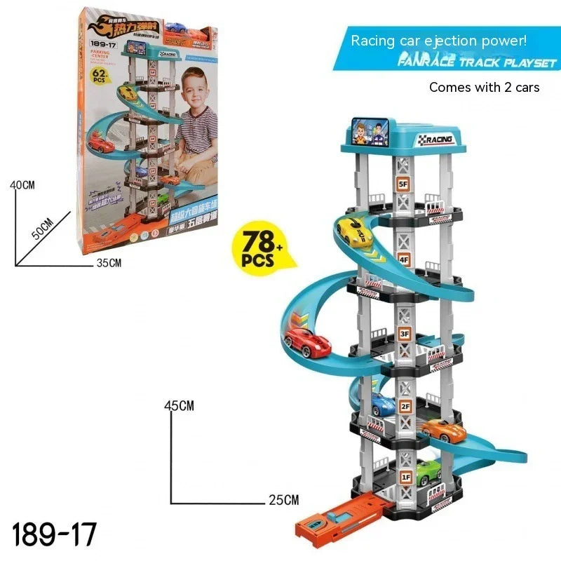 Multi-level plastic racing car track playset with cars and blue spiral ramps, 78-piece set.