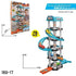 Multi-level plastic racing car track playset with cars and blue spiral ramps, 78-piece set.