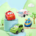 Assorted colorful cartoon toy vehicles including red car, green SUV, white airplane, and blue boat displayed on pastel platforms