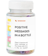 Clear plastic bottle with colorful capsules containing positive messages, white screw cap