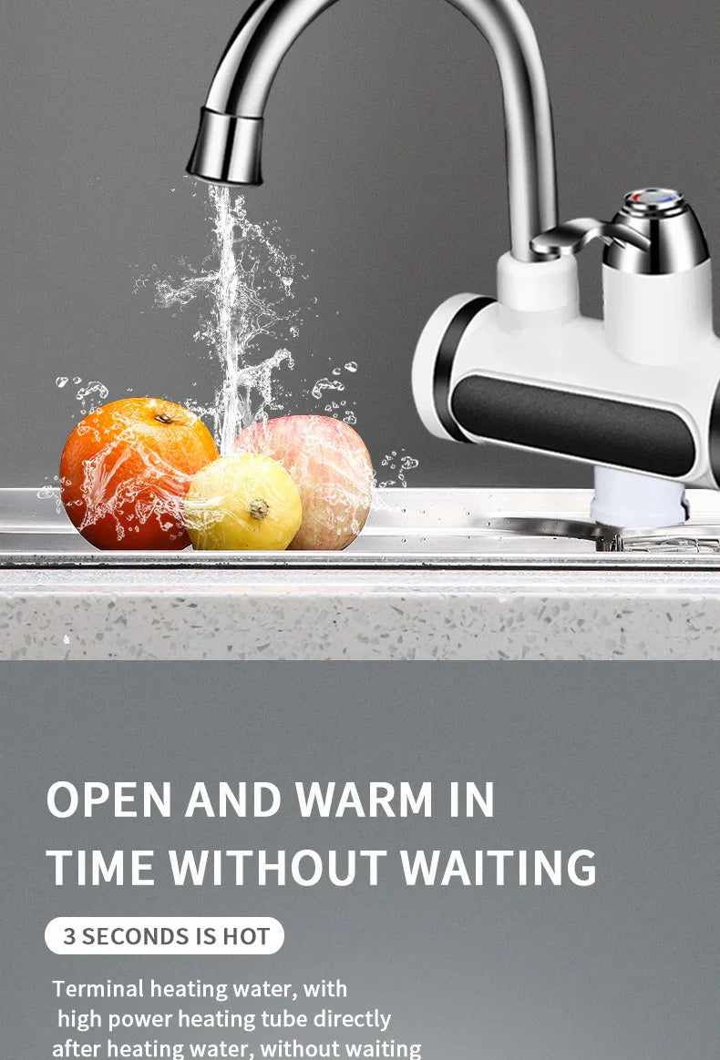 Modern kitchen faucet with instant hot water feature rinsing fruit in stainless steel sink