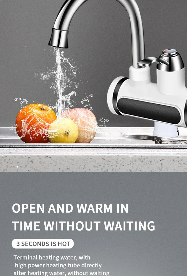 Modern kitchen faucet with instant hot water feature rinsing fruit in stainless steel sink