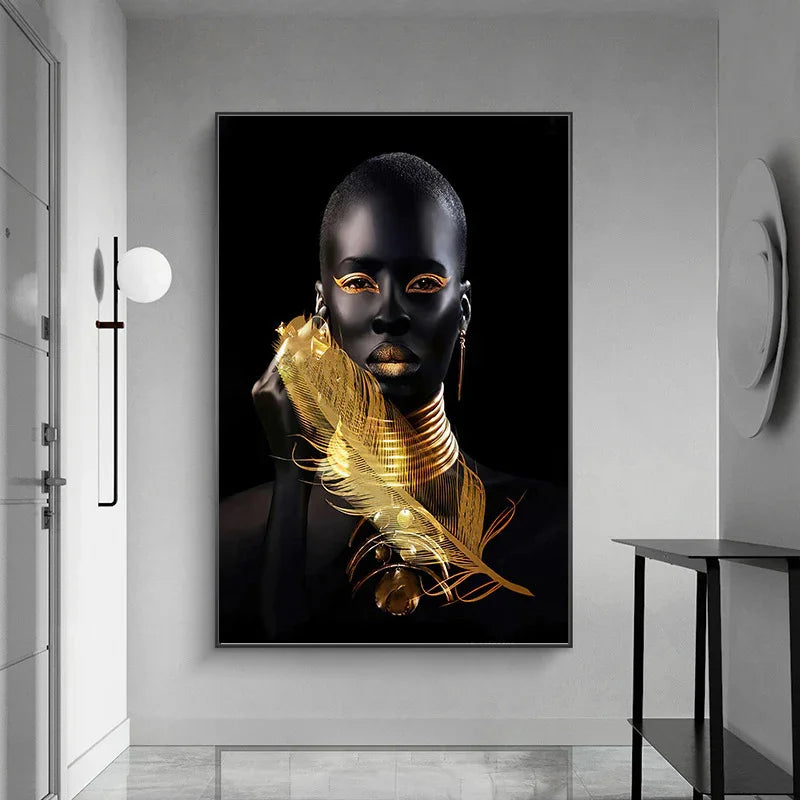 Modern black and gold art portrait featuring a woman with metallic gold accessories and makeup.