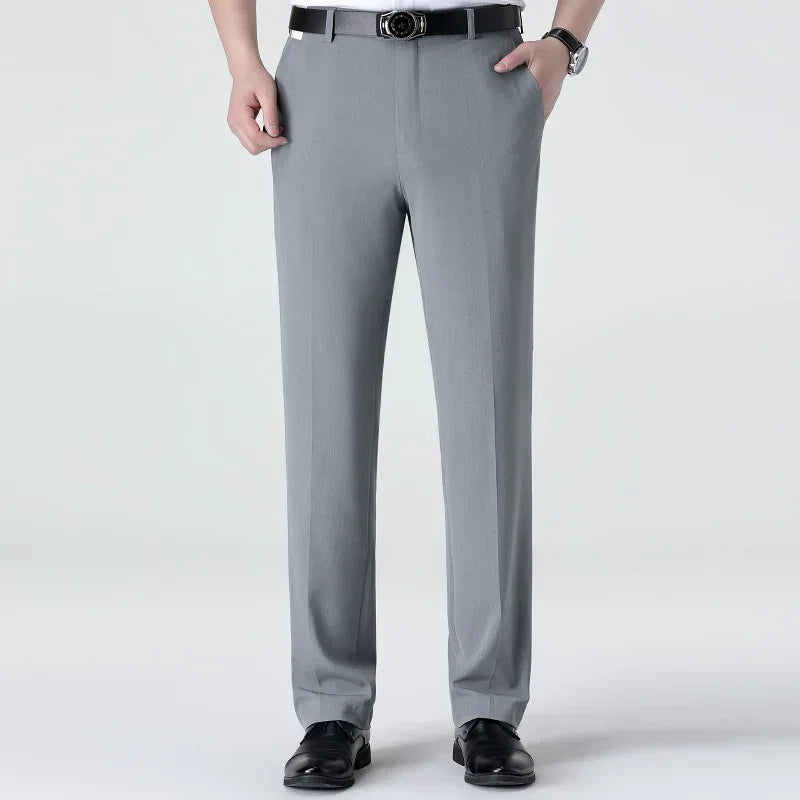 Light gray straight-leg dress pants for men, tailored fit, polyester blend fabric