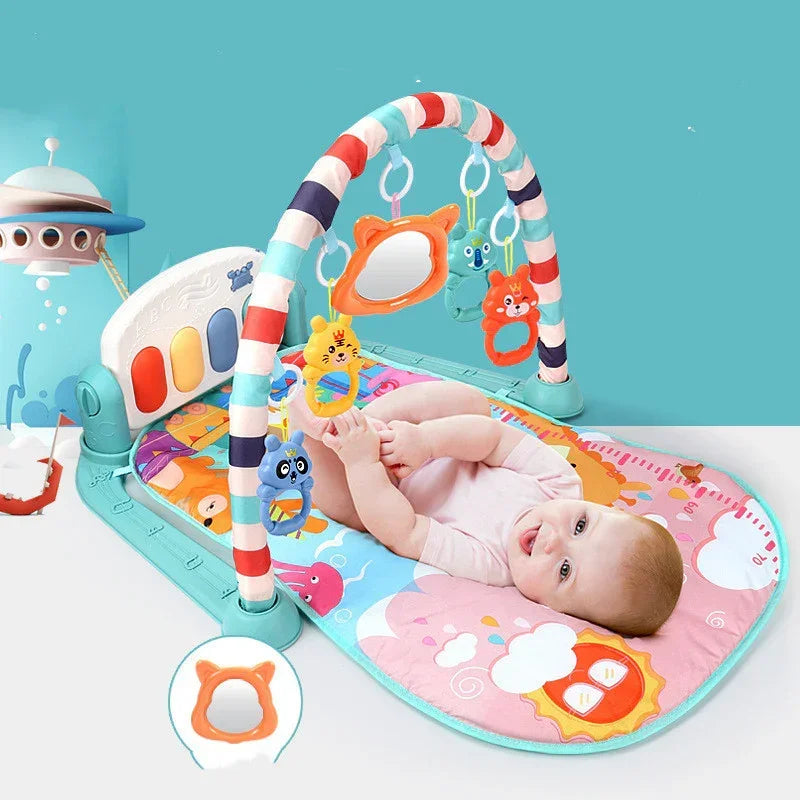 Colorful baby play mat with soft fabric, hanging plush toys, and interactive arch