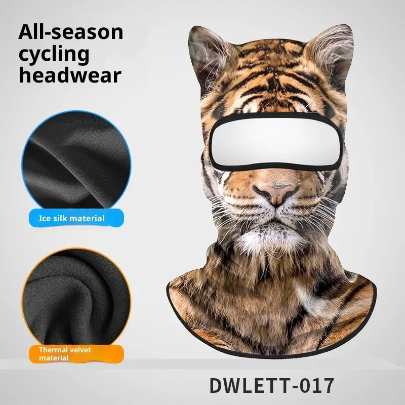 Tiger print cycling balaclava with ice silk and thermal velvet material, full face coverage.