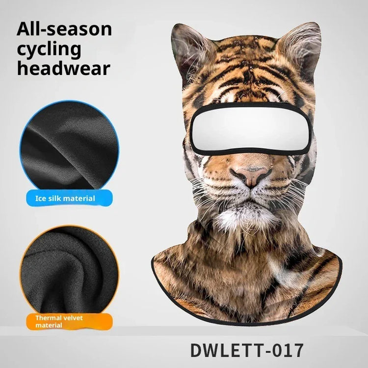 Tiger print cycling balaclava with ice silk and thermal velvet material, full face coverage.