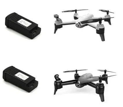 Futuristic black and white quadcopter drone with camera and two rechargeable battery packs