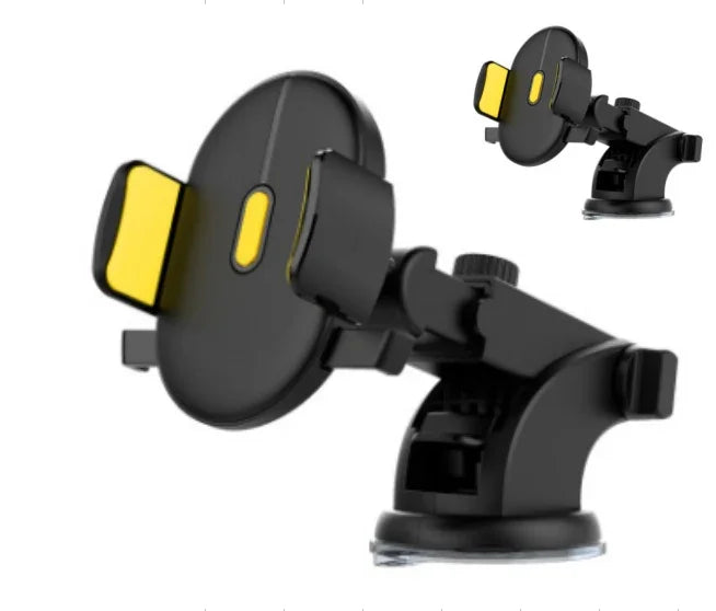 Black and yellow adjustable phone holder with suction cup mount, modern tech accessory.