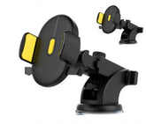 Black and yellow adjustable phone holder with suction cup mount, modern tech accessory.
