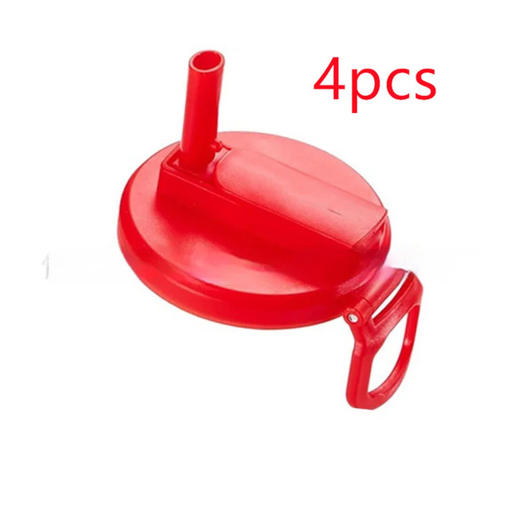 Red plastic water bottle lid with handle and straw spout, pack of four