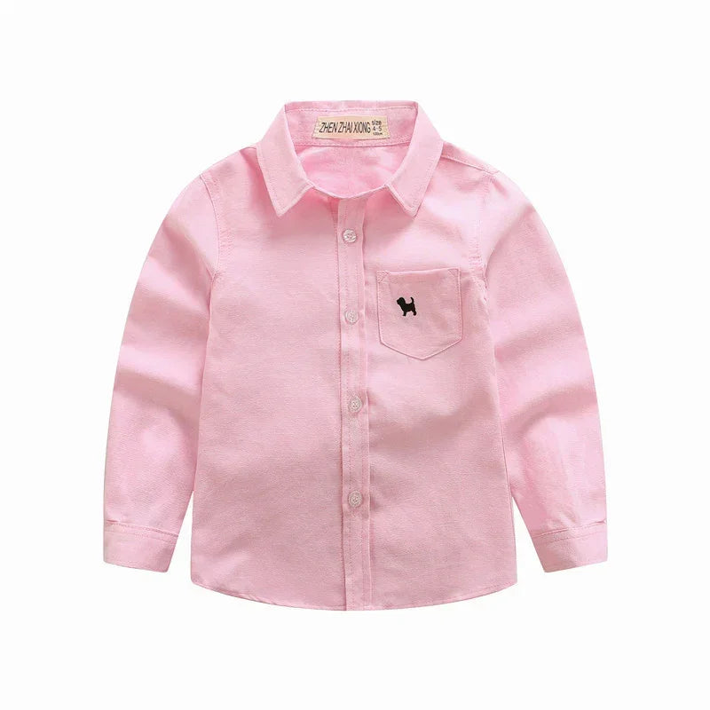 Light pink cotton long sleeve button-up shirt with front pocket and slim fit