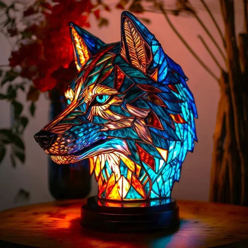 Colorful stained glass wolf head lamp with geometric design and ambient lighting