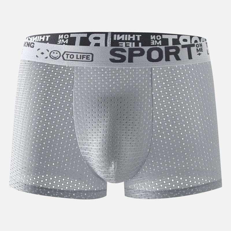 Gray breathable mesh boxer briefs with athletic fit and elastic waistband