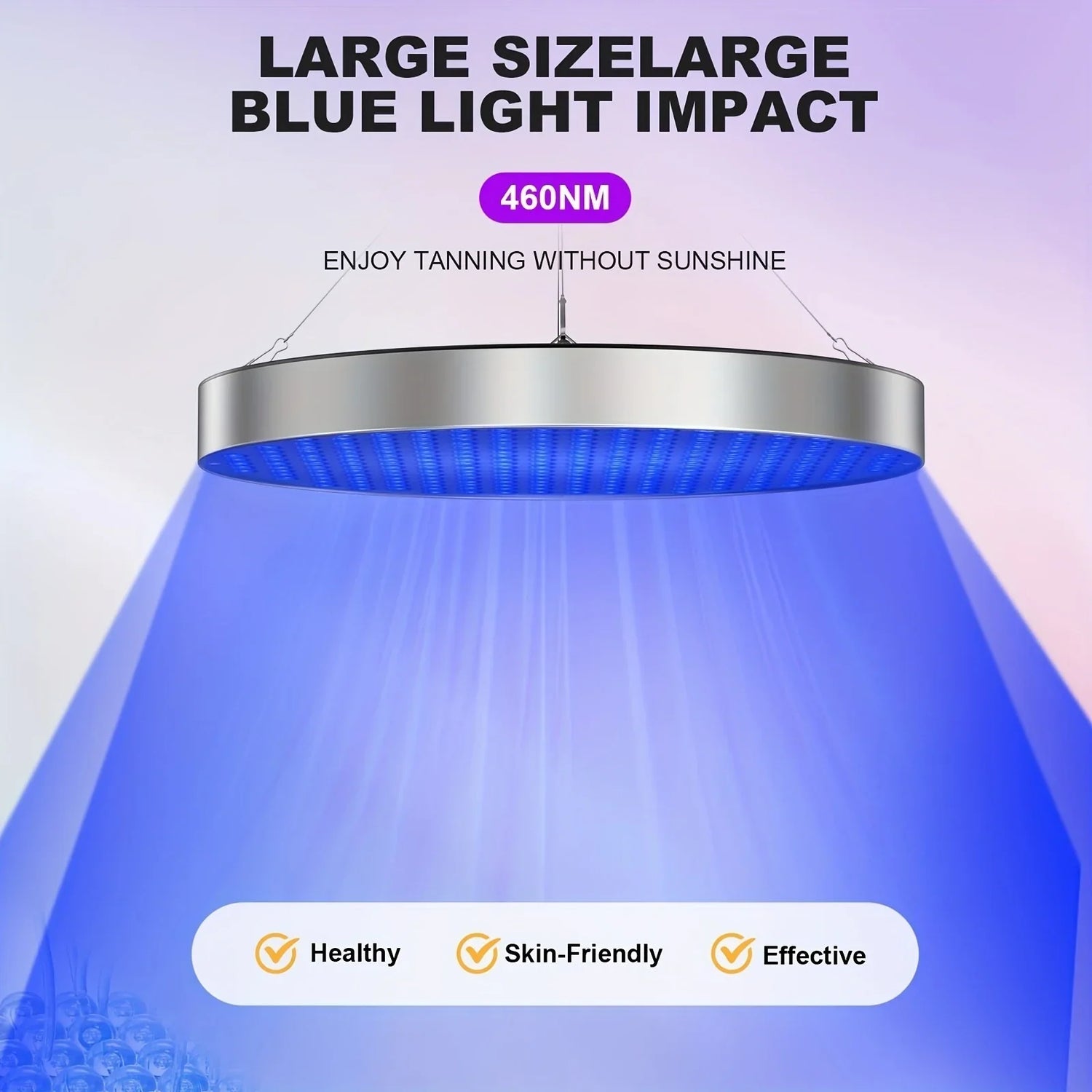 Large round hanging blue light therapy lamp emitting 460nm wavelength, silver body, futuristic design