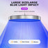 Large round hanging blue light therapy lamp emitting 460nm wavelength, silver body, futuristic design