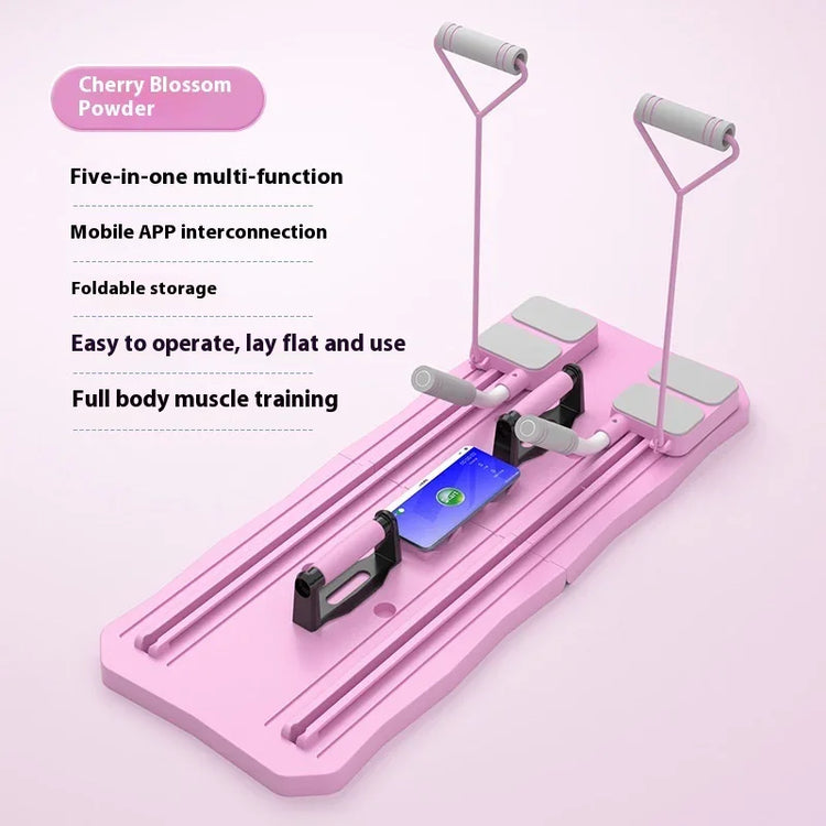 Pink foldable multi-function home fitness board with resistance bands and phone holder for full body workout