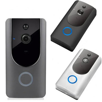 Wireless video doorbells in black, gray, and white with circular LED button and camera lens.
