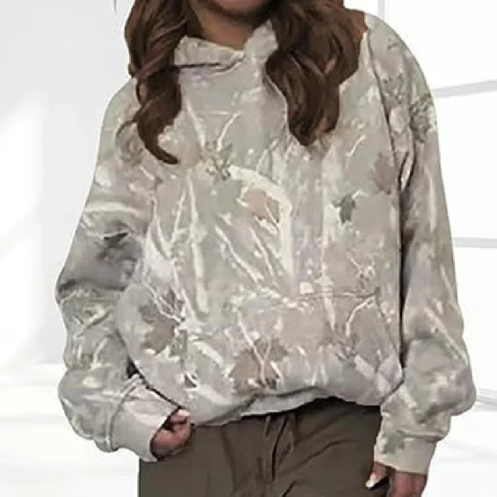 Beige camo oversized hoodie with front pocket, loose fit, and soft fabric, casual streetwear style