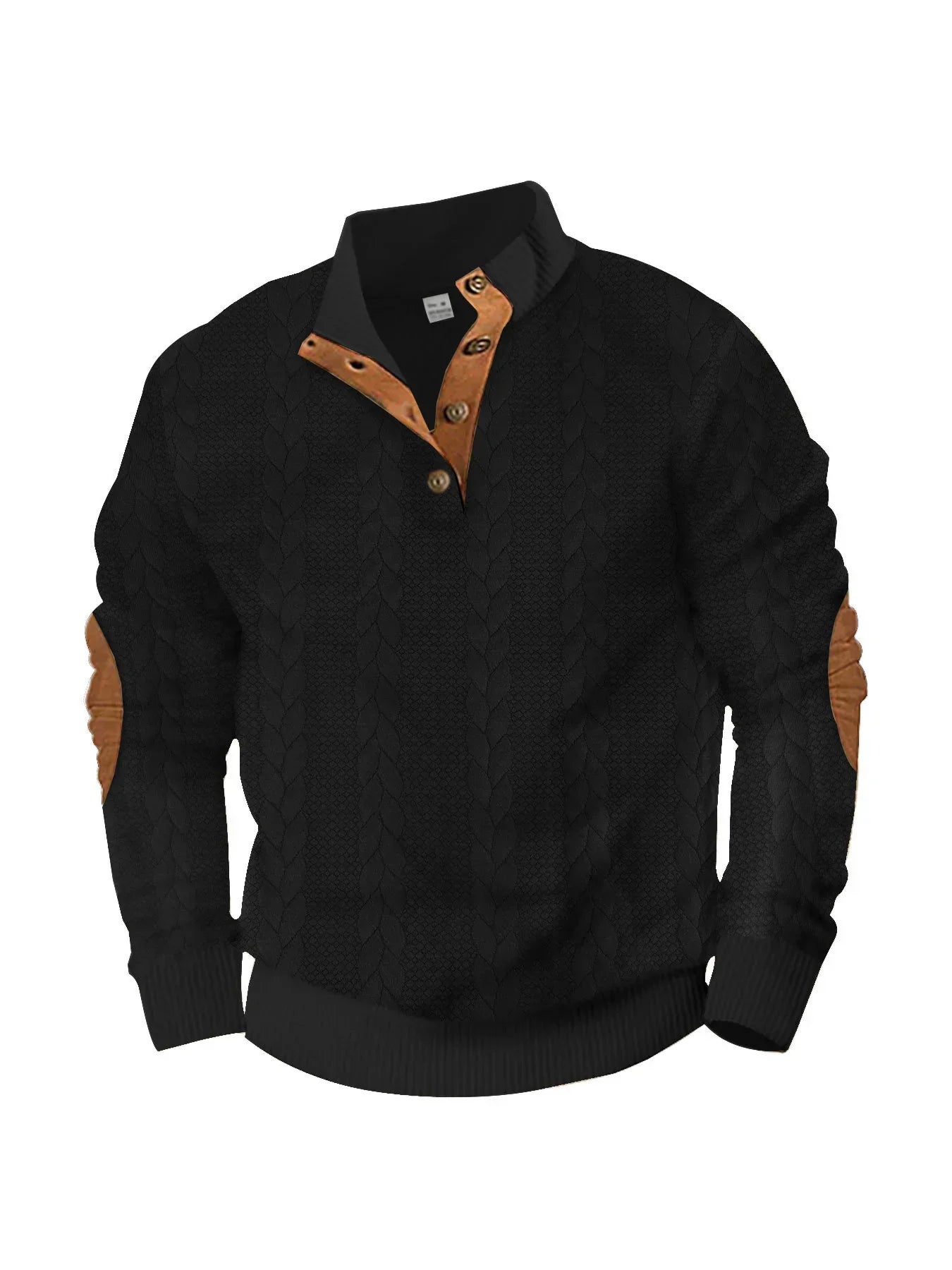 Black cable knit pullover sweater with brown suede accents, ribbed cuffs, relaxed fit