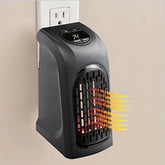 Compact black wall plug-in electric heater with digital display and airflow illustration