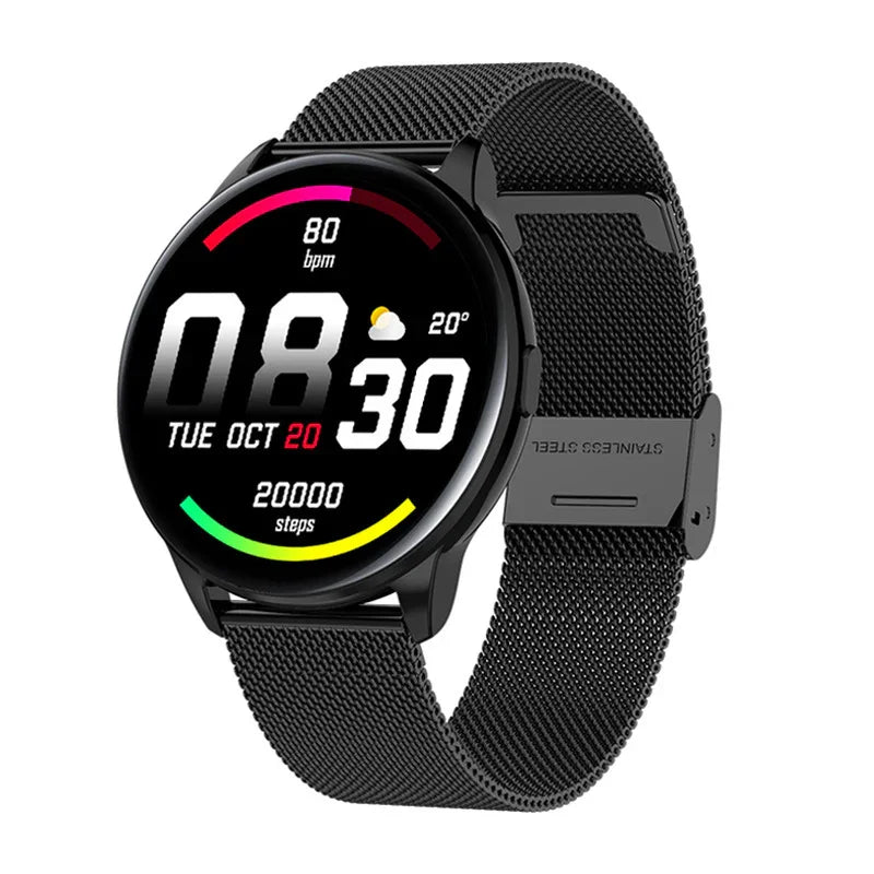 Sleek black mesh band smart watch with digital display, modern round face, stainless steel material.