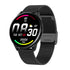 Black stainless steel mesh band smartwatch with round digital display and fitness tracker