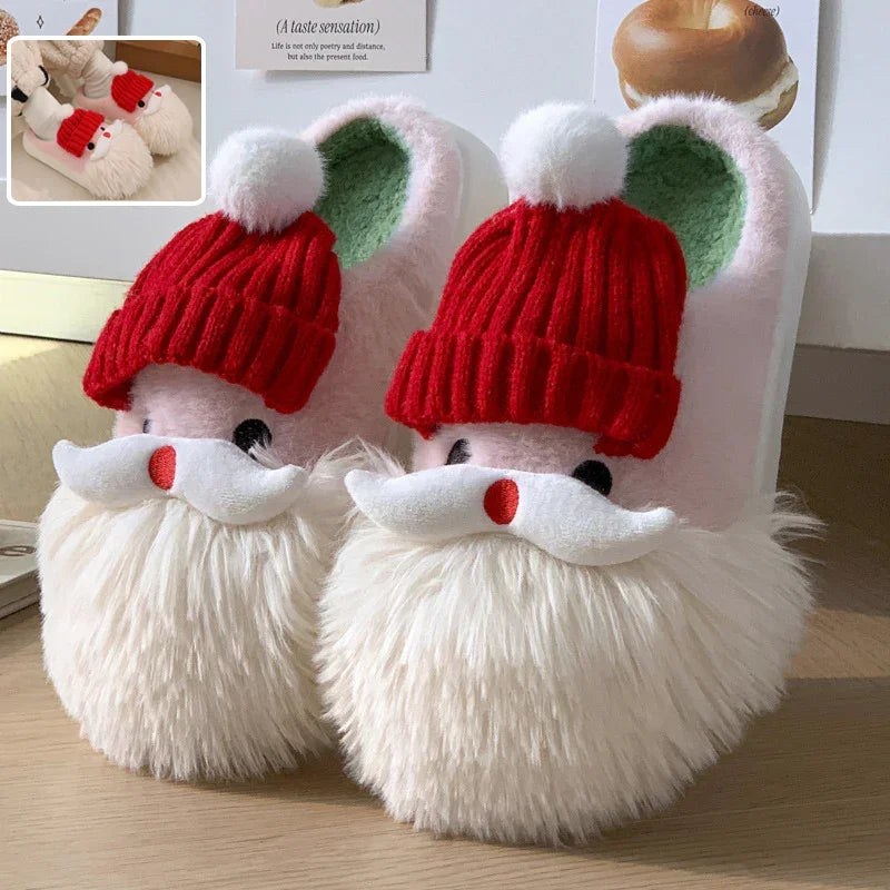 Fluffy Santa Claus slippers with plush white faux fur, red knit hat, and soft lining
