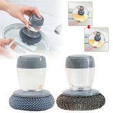 Handheld soap dispenser scrubbers with gray plastic handles and mesh scouring pads for cleaning lids