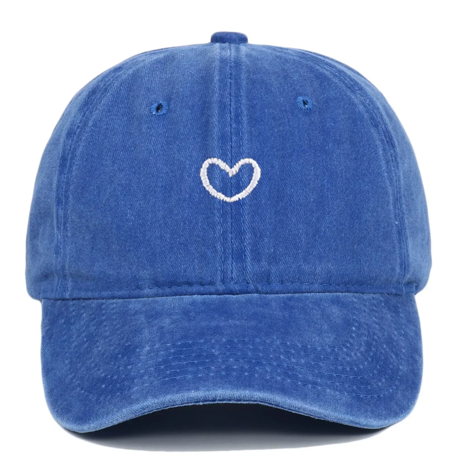 Blue denim baseball cap with white embroidered heart, curved brim, relaxed fit