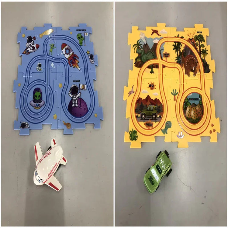 Two colorful puzzle mats with tracks; one blue space-themed with toy plane, one yellow dinosaur-themed with toy car.