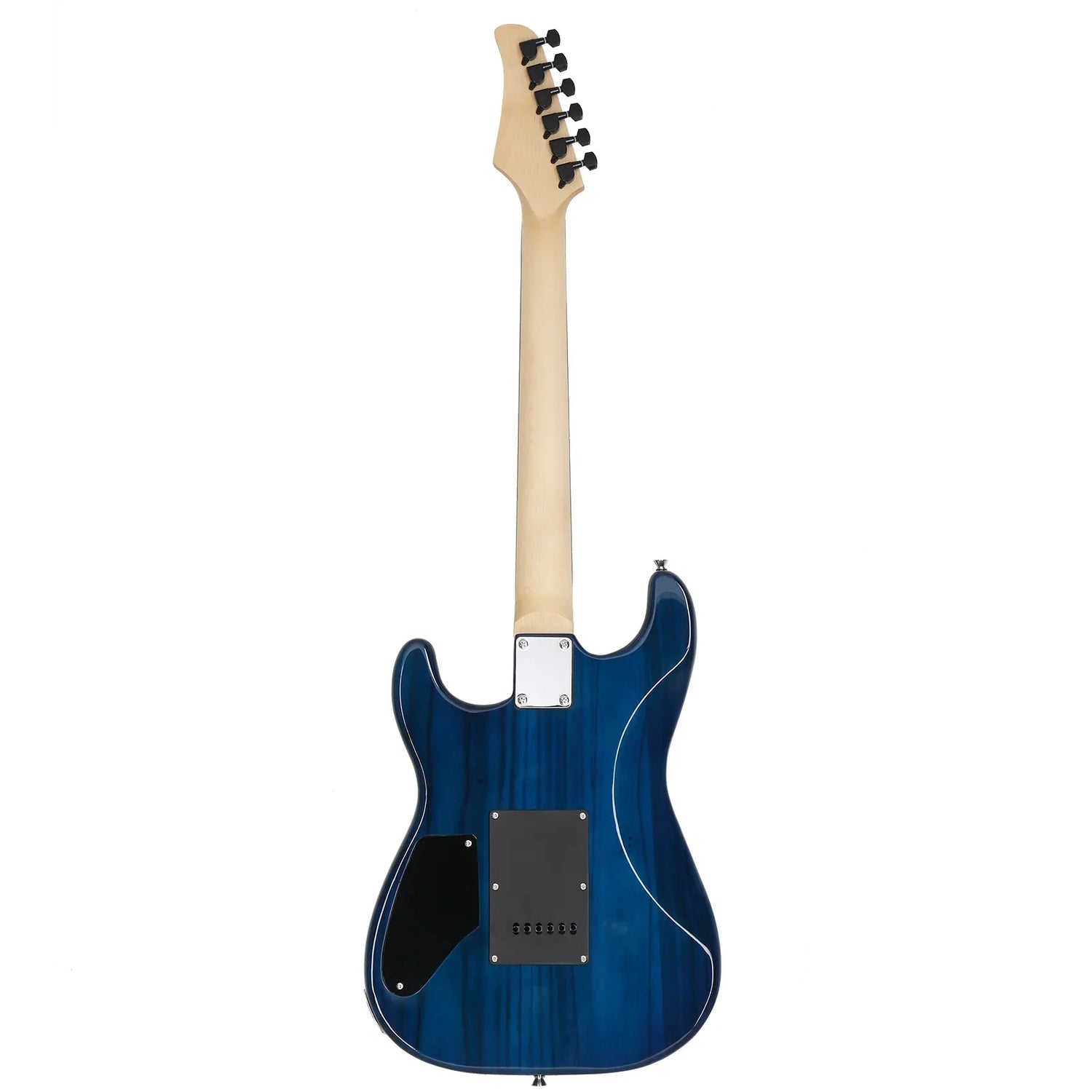 Back view of a blue electric guitar with glossy wood finish and maple neck on white background
