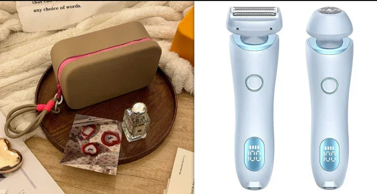 Beige travel case with pink zipper, two silver-blue electric grooming devices, and beauty accessories