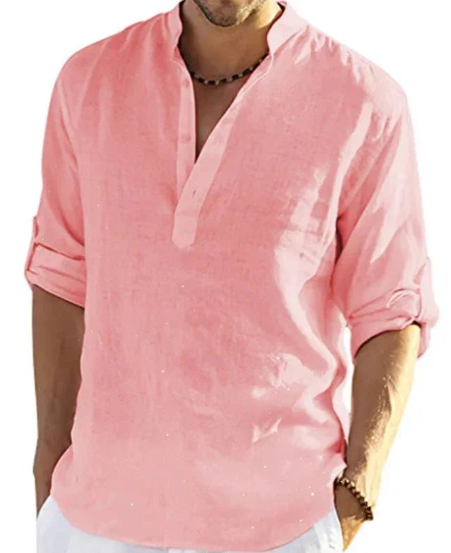Men's relaxed fit light pink linen shirt with rolled sleeves and open collar