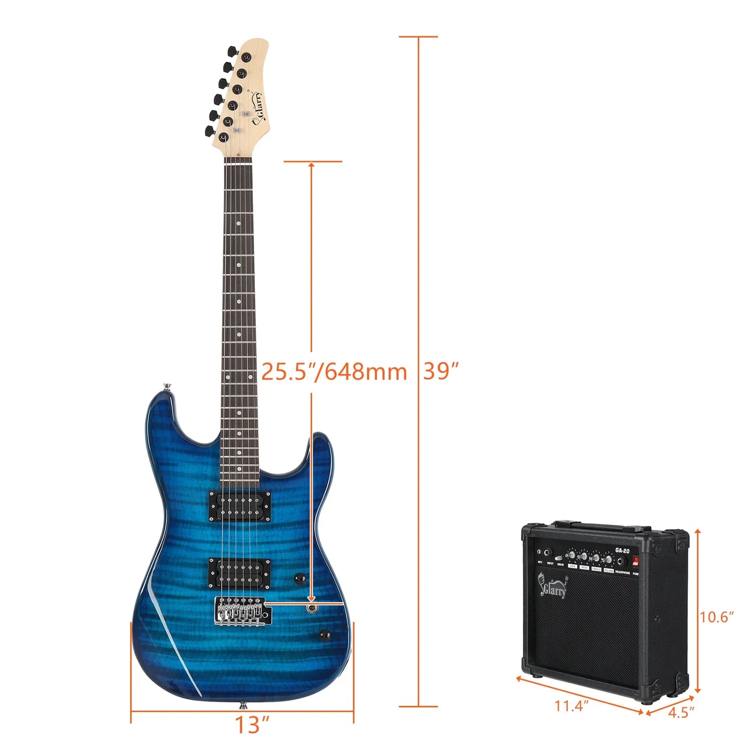 Electric guitar with blue finish and dual pickups beside compact black amplifier, dimensions shown.