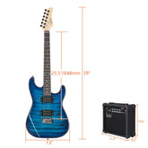 Electric guitar with blue finish and dual pickups beside compact black amplifier, dimensions shown.