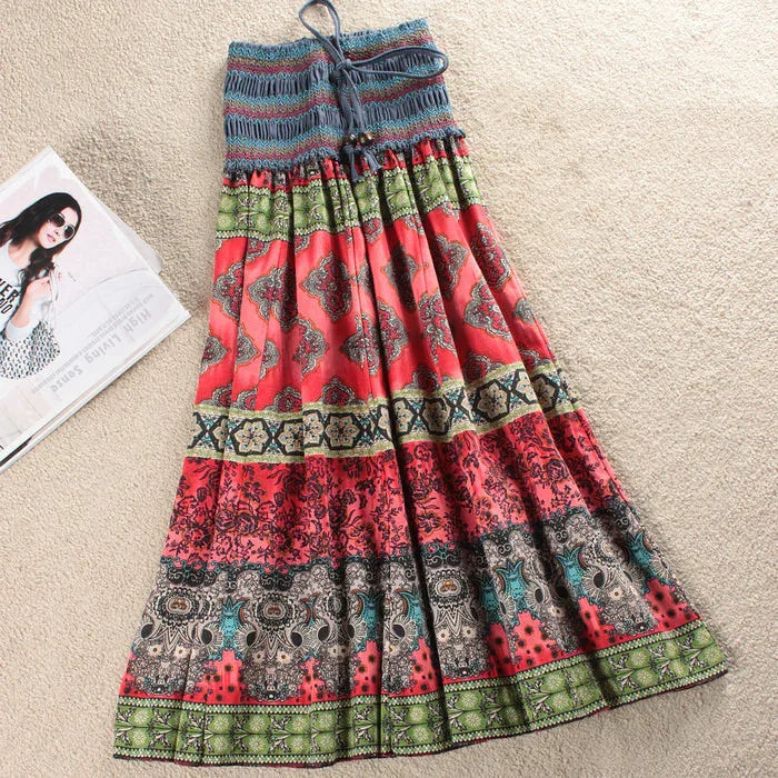 Boho maxi skirt with colorful ethnic print, elastic high waist, lightweight flowy fabric