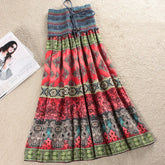 Boho maxi skirt with colorful ethnic print, elastic high waist, lightweight flowy fabric